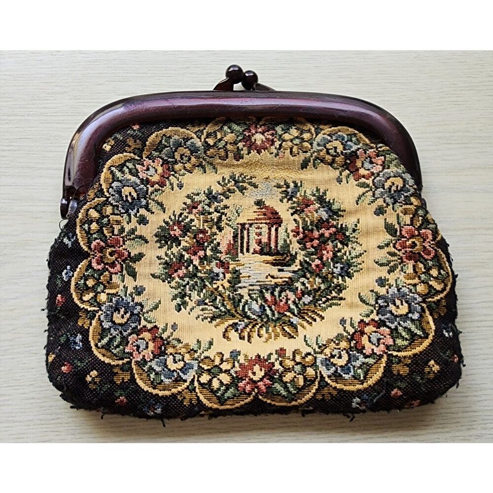 Purse/Makeup Bag/Clutch-Tapestry-Beige-Black-Snap Closure